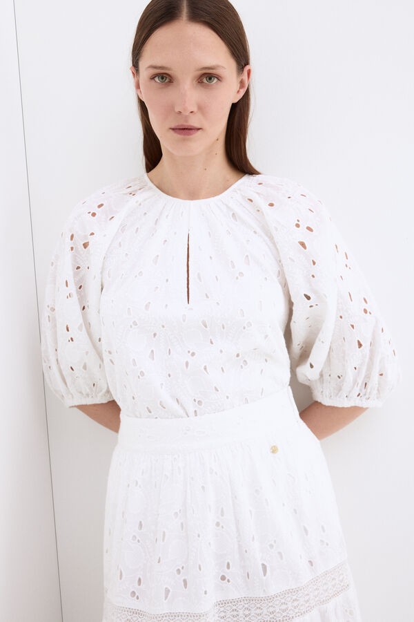 Pedro del Hierro Top manga al codo calado Blanco