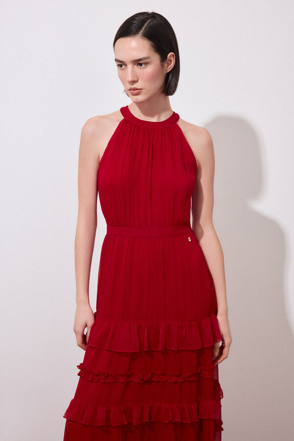 Pedro del Hierro Long halterneck ruffle dress Red