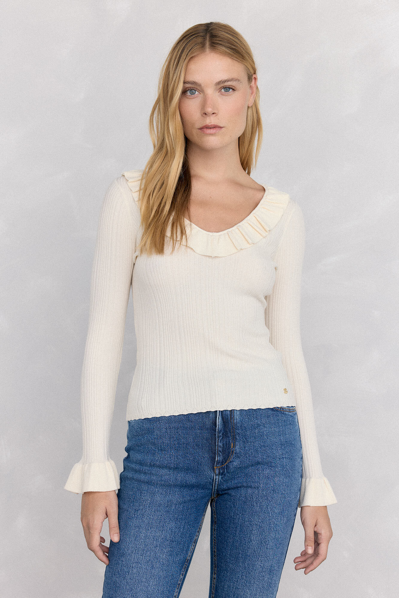 Pedro del Hierro Ribbed jersey-knit top with ruffle