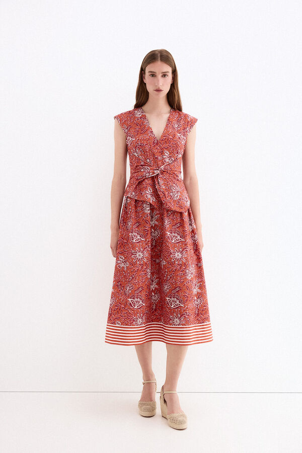 Pedro del Hierro Vestido estampado detalle lazo en cintura Beige