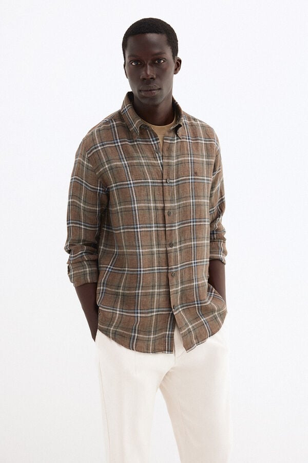 Pedro del Hierro Italian linen plaid shirt Brown