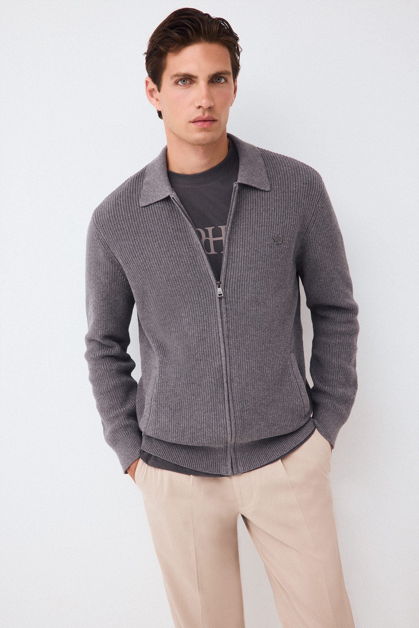 Pedro del Hierro Polo neck knit structure cardigan with zip fastening