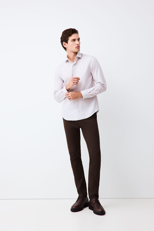 Pedro del Hierro Micro check non-iron + anti-stain slim fit dress shirt Beige