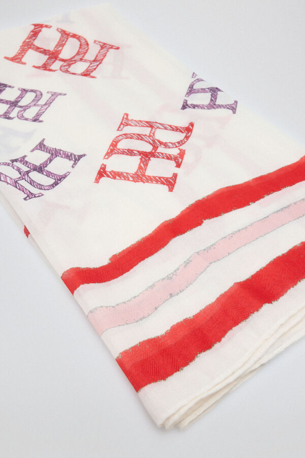 Pedro del Hierro Shawl with multi-logo prints and ecru and pink striped border Several