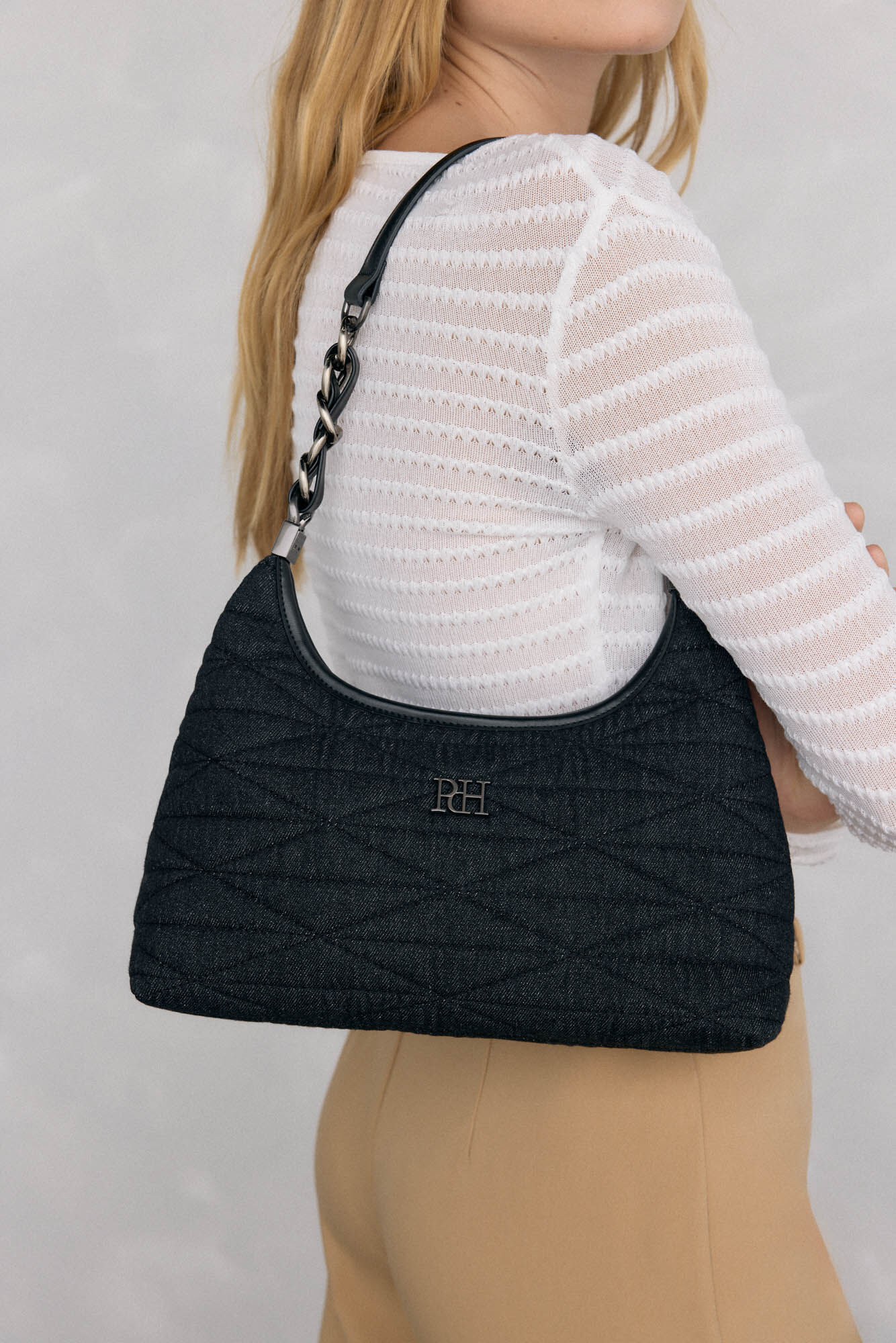 Pedro del Hierro Quilted hobo bag with leather handle and chain