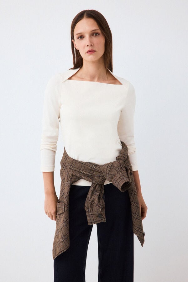 Pedro del Hierro Long sleeve square neck T-shirt Ecru