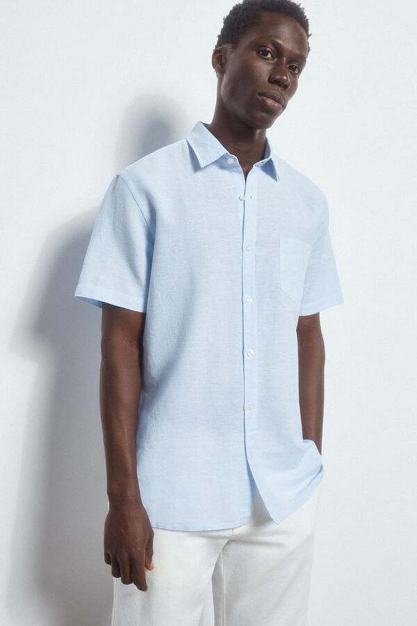 Pedro del Hierro Plain cotton/linen short-sleeved shirt Blue