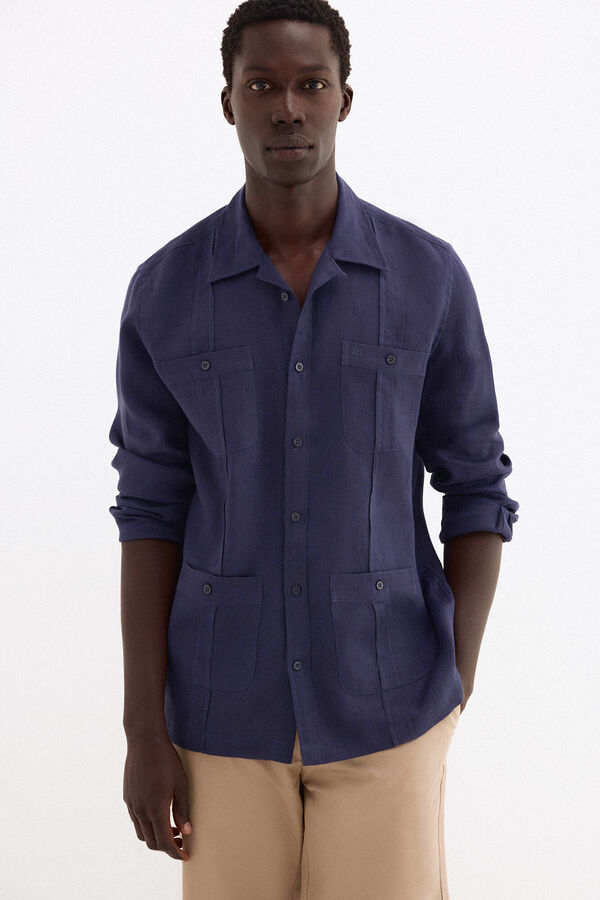 Pedro del Hierro Guayabera em linho Azul