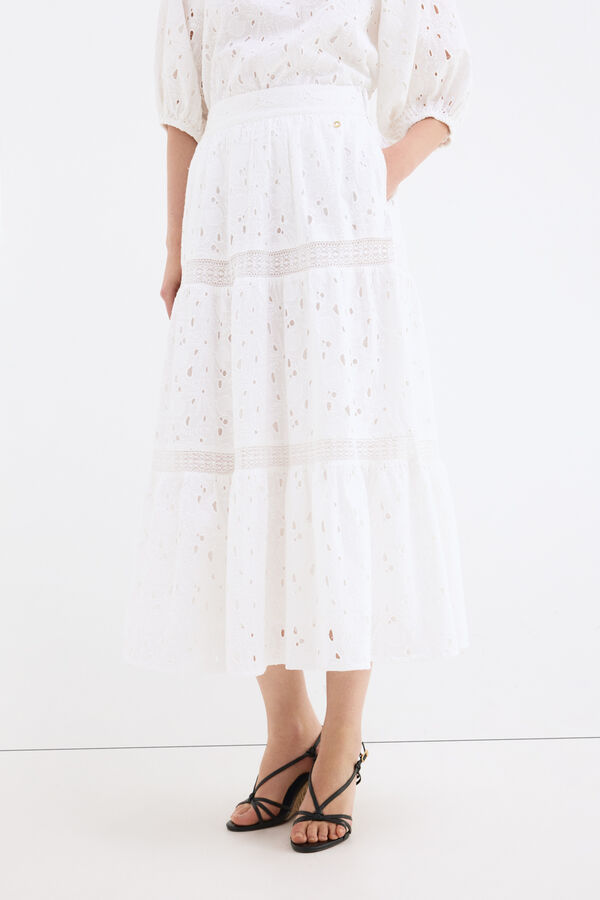 Pedro del Hierro Embroidered cotton long skirt White
