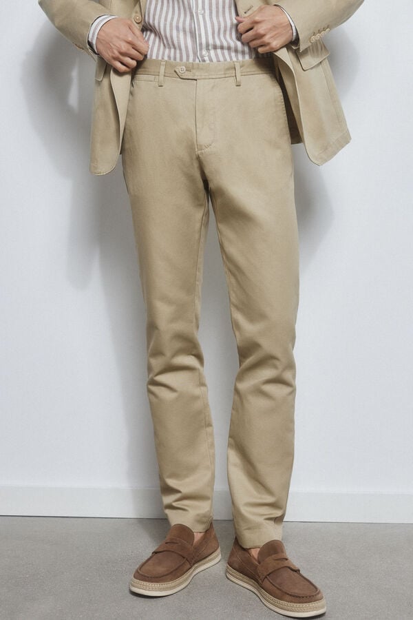 Pedro del Hierro Cotton/linen slim fit trousers Beige