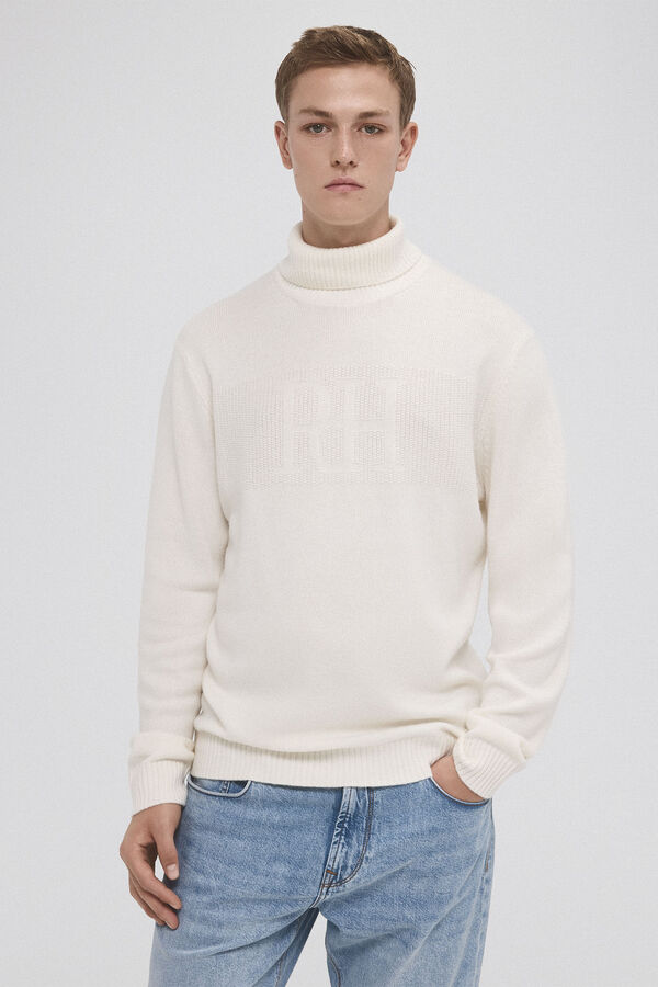 Pedro del Hierro Su&eacute;ter malha em l&atilde; com logo gola alta Ecru