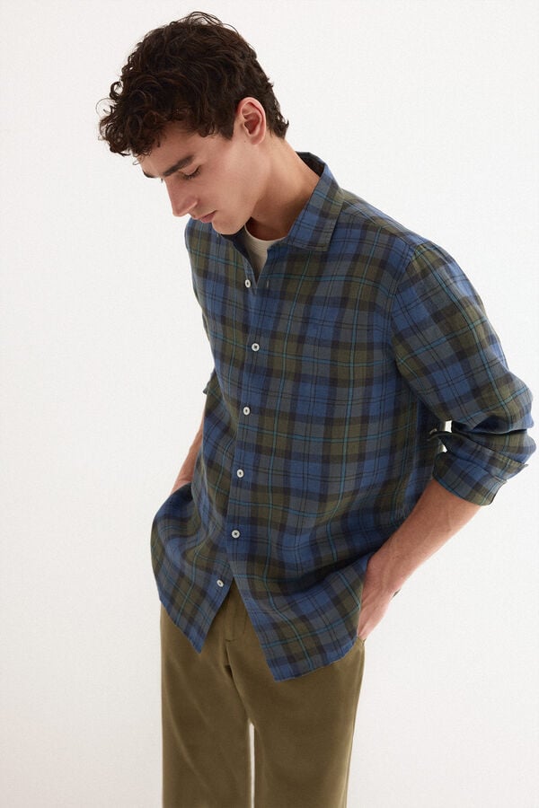 Pedro del Hierro Linen plaid shirt Blue