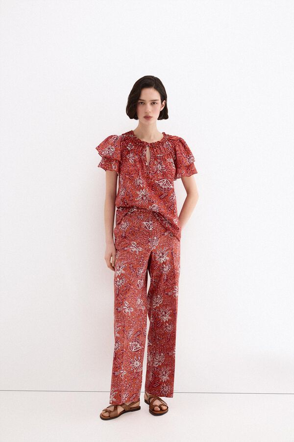 Pedro del Hierro Blusa estampada manga com folho Beige