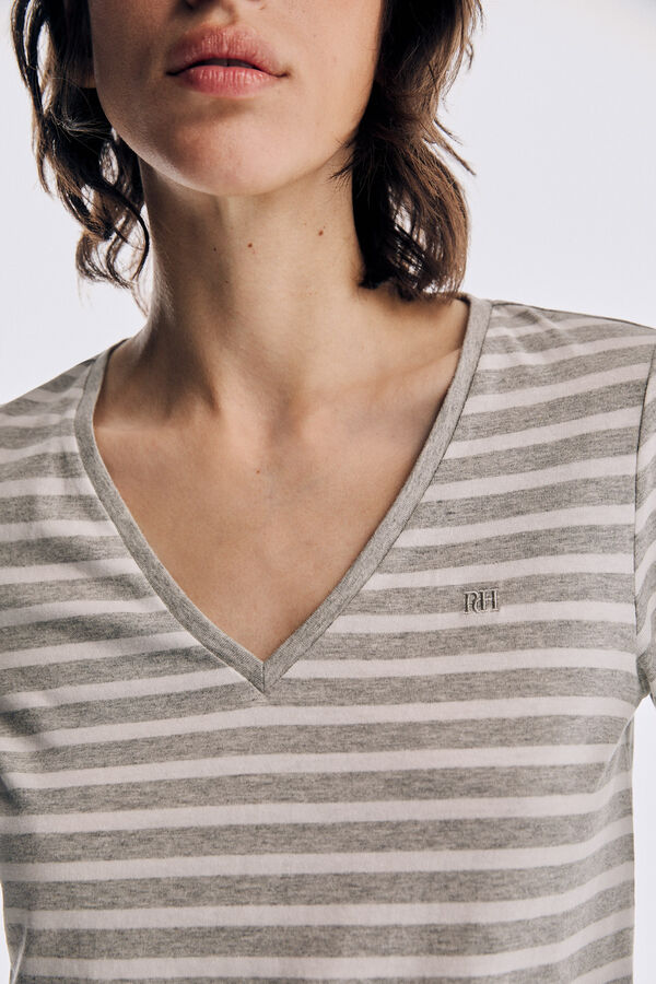 Pedro del Hierro Striped logo long-sleeved V-neck T-shirt Pink