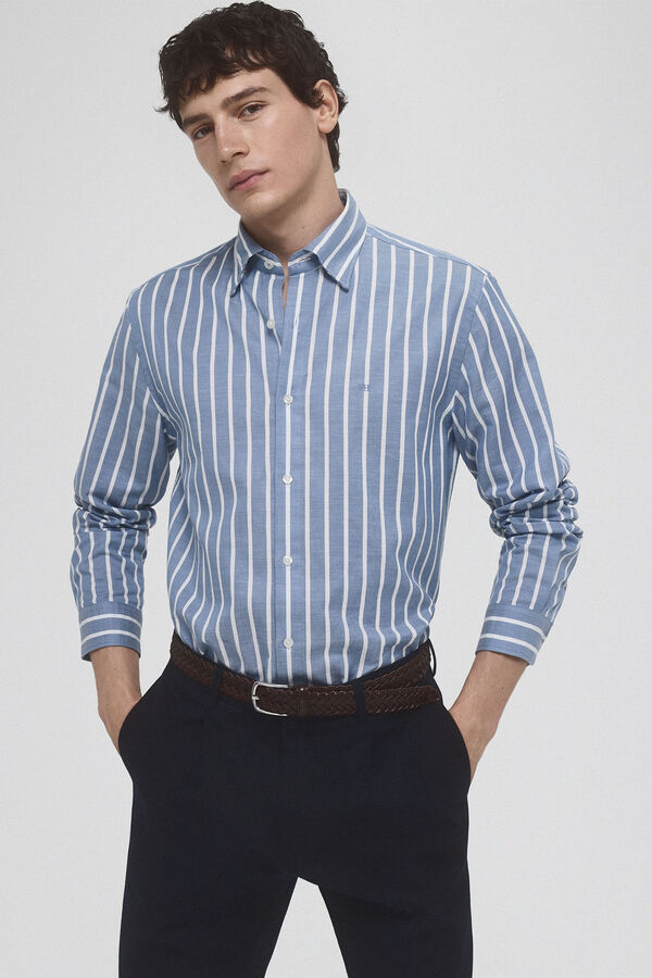 Pedro del Hierro Striped ramie cotton shirt Blue