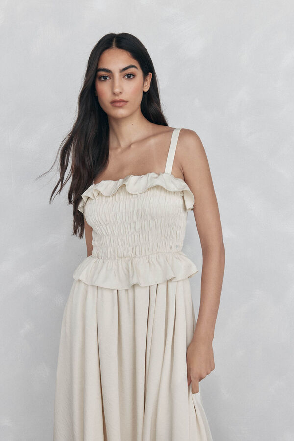 Pedro del Hierro Rubberized dress with ruffles Beige
