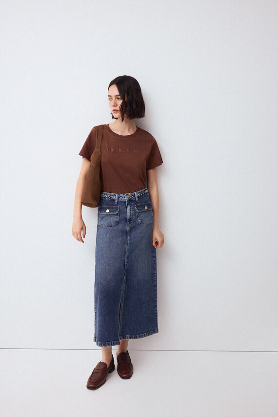 Falda recta tejido denim detalle trenza