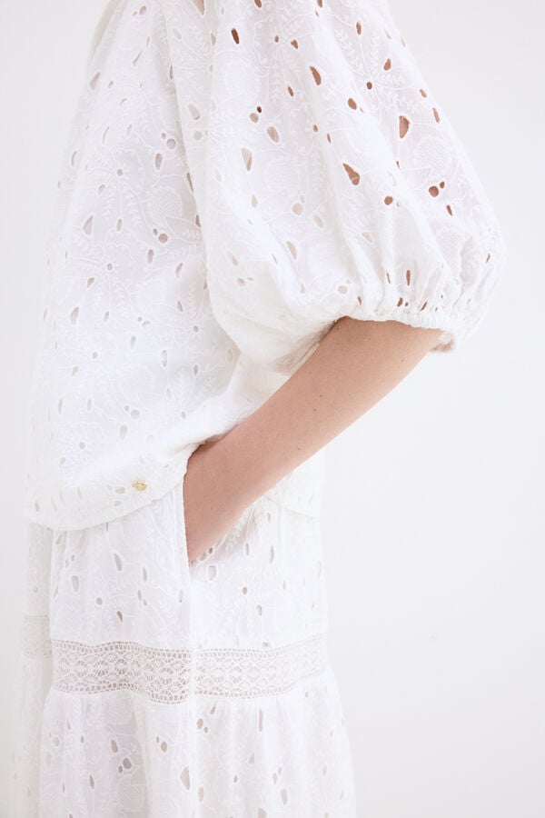 Pedro del Hierro Top manga al codo calado Blanco