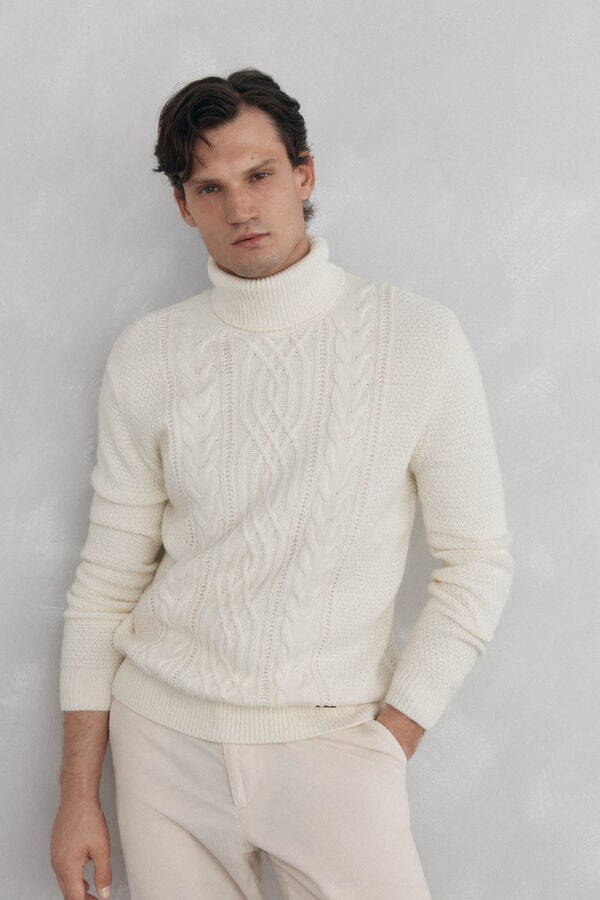 Pedro del Hierro High neck cable- wool sweater Ecru