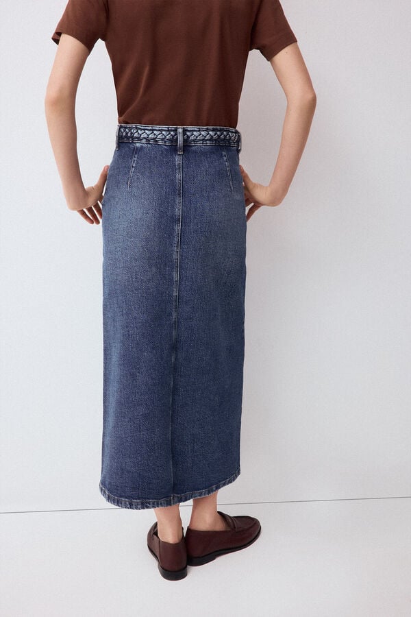 Pedro del Hierro Denim straight skirt with braided detail Blue