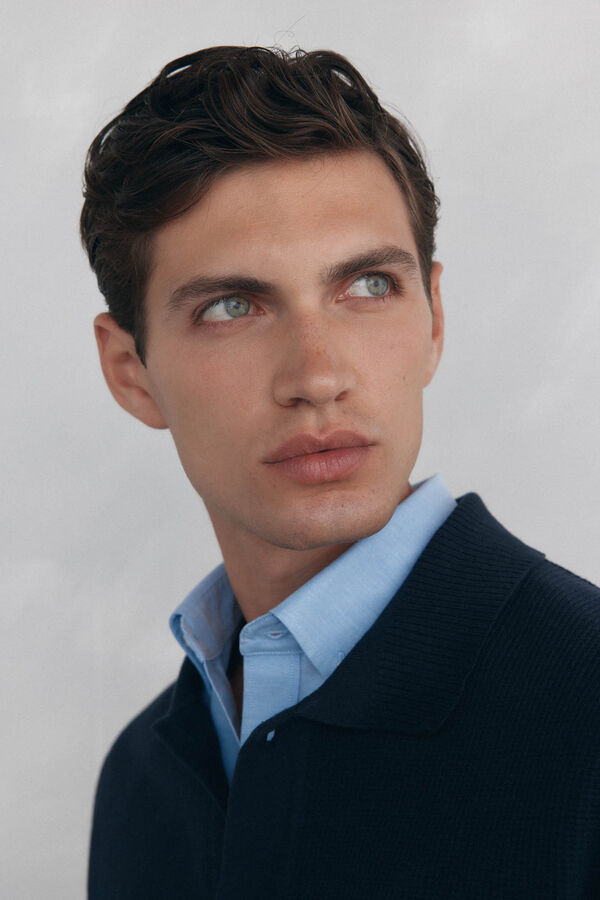 Pedro del Hierro Cotton jersey-knit cardigan polo shirt neck buttons Blue
