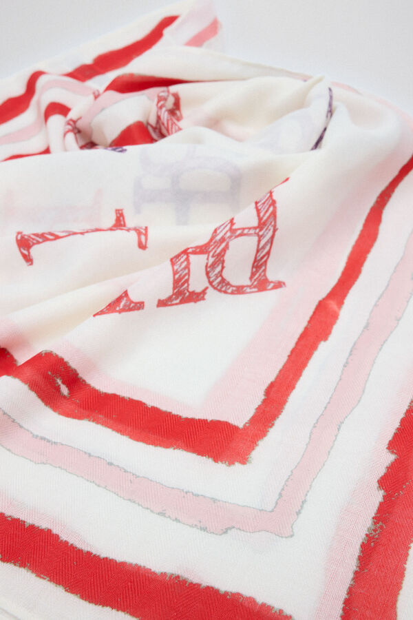 Pedro del Hierro Shawl with multi-logo prints and ecru and pink striped border Several