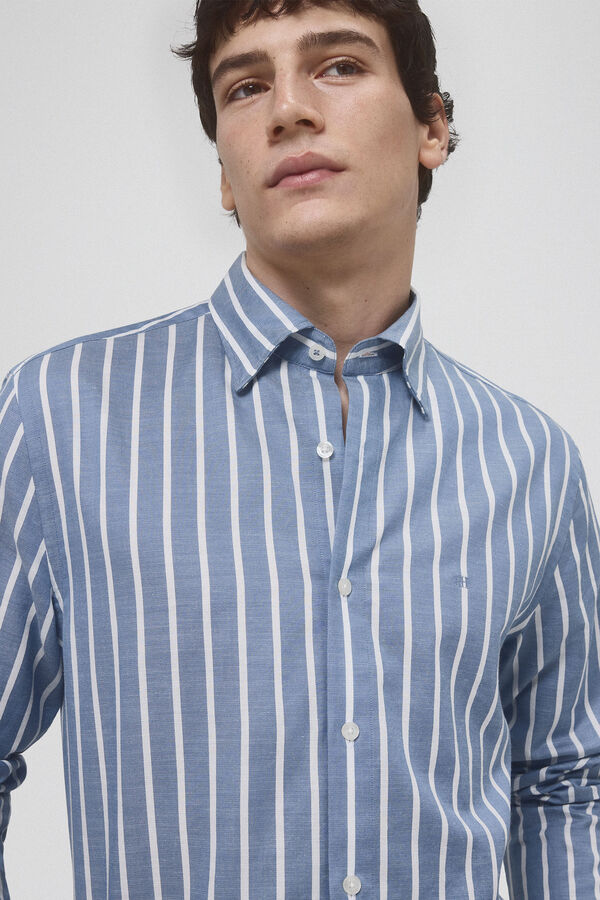 Pedro del Hierro Striped ramie cotton shirt Blue