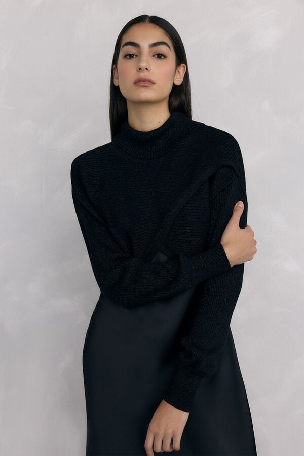 Pedro del Hierro Satin dress combined with lurex jersey-knit top Black