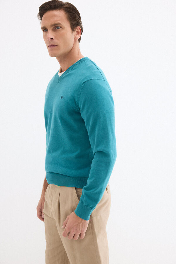 Pedro del Hierro Jersey punto algod&oacute;n premium cuello pico Turquesa