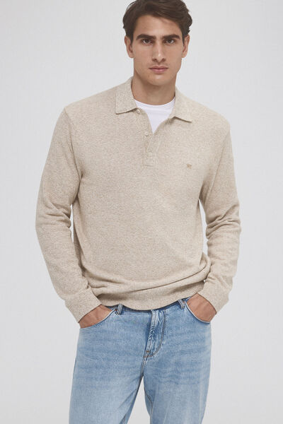 Pedro del Hierro Cotton jersey-knit sweater with twisted polo shirt neck Beige