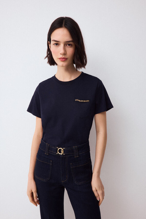 Pedro del Hierro Short sleeve T-shirt with pocket and chain detail Blue