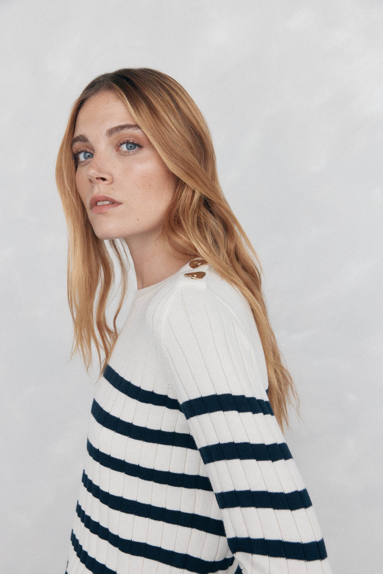 Pedro del Hierro striped ribbed sweater with gold buttons