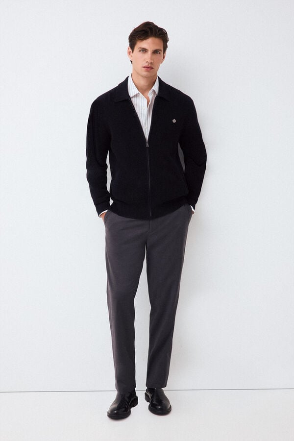 Pedro del Hierro Polo neck knit structure cardigan with zip fastening Blue