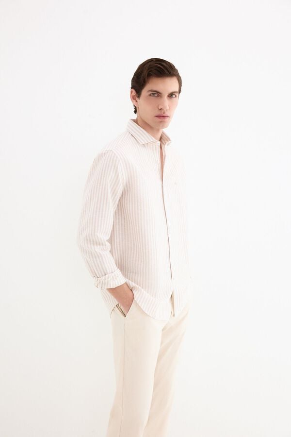 Pedro del Hierro Camisa de vestir rayas lino f&aacute;cil plancha Beige