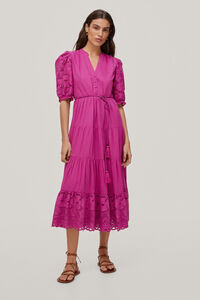 Pedro del Hierro Long dress with floral openwork fabric at the sleeves and hem. Purple