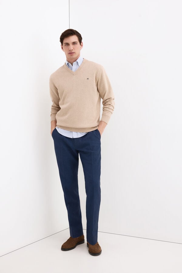 Pedro del Hierro Premium cotton knit V-neck jumper Beige