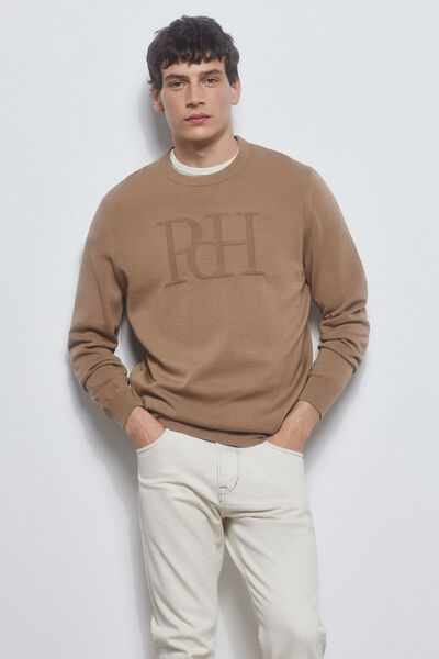 Pedro del Hierro Fine jersey-knit cotton big logo sweater  Beige