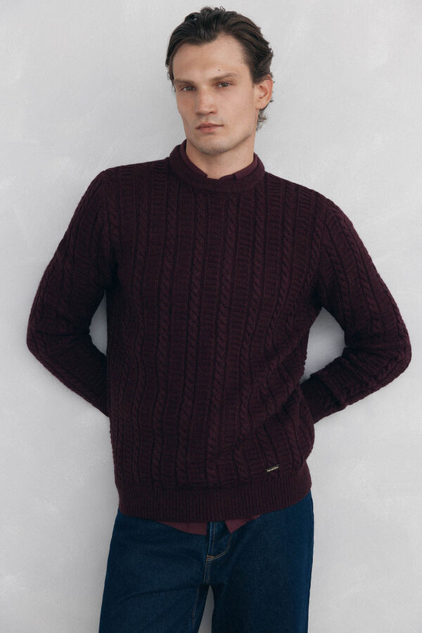 Pedro del Hierro Cable knit wool round neck jumper Burgundy