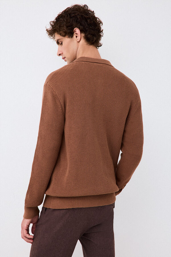 Pedro del Hierro Polo neck knit structure cardigan with zip fastening Brown