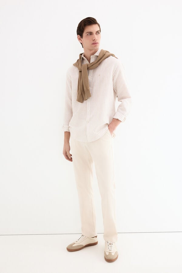 Pedro del Hierro Linen striped easy-iron dress shirt Beige