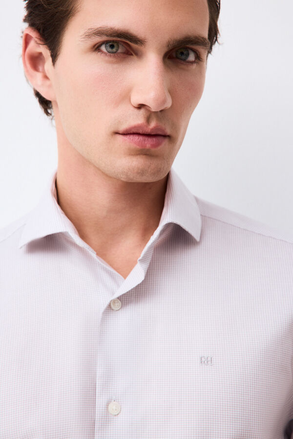 Pedro del Hierro Micro check non-iron + anti-stain slim fit dress shirt Beige