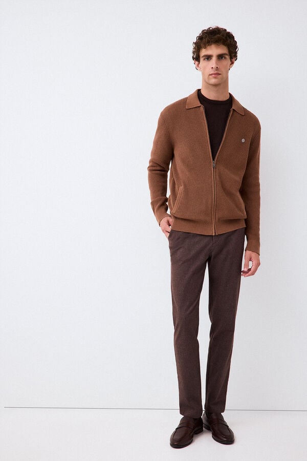 Pedro del Hierro Polo neck knit structure cardigan with zip fastening Brown