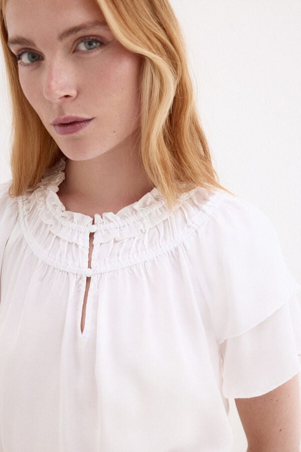 Pedro del Hierro Plain satin-finish ruffle sleeve blouse Ecru