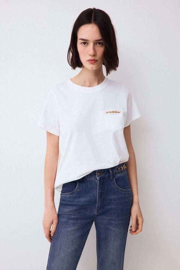 Pedro del Hierro Short sleeve T-shirt with pocket and chain detail White