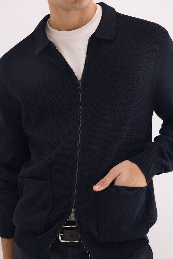 Pedro del Hierro Cotton structured knit zip cardigan Blue