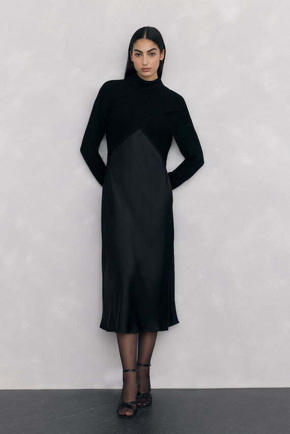 Vestido satén combinado con top de punto lurex