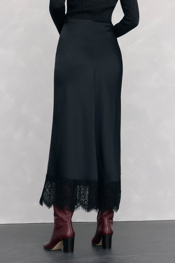 Pedro del Hierro Long satin skirt with lace detail Black