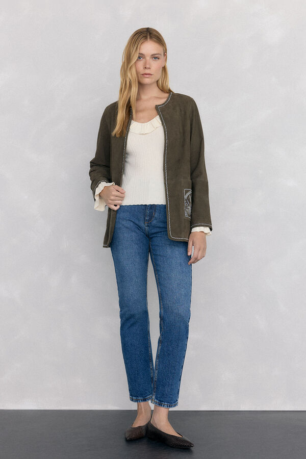 Pedro del Hierro Ribbed jersey-knit top with ruffle Ecru