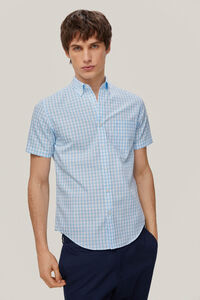 Pedro del Hierro Checked short-sleeved non-iron shirt Turquoise
