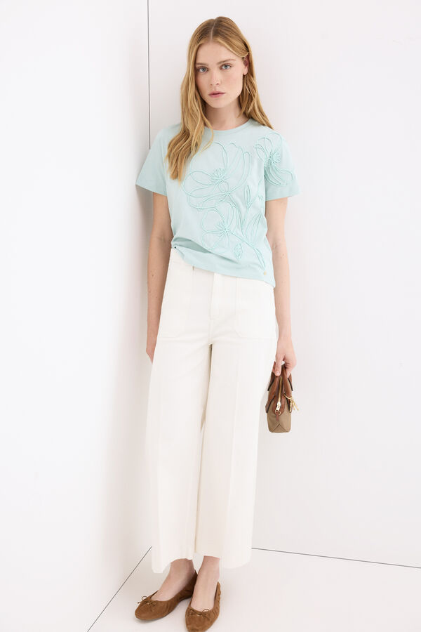 Pedro del Hierro Embroidered cord short sleeve T-shirt Turquoise